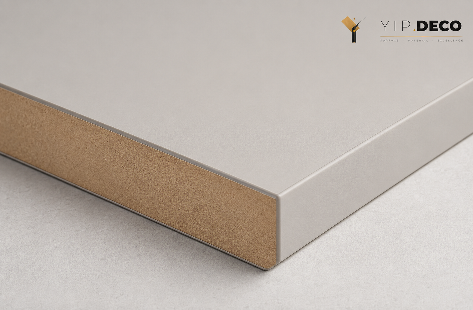 Close-up of laminated panel edge detail showing surface and substrate layers