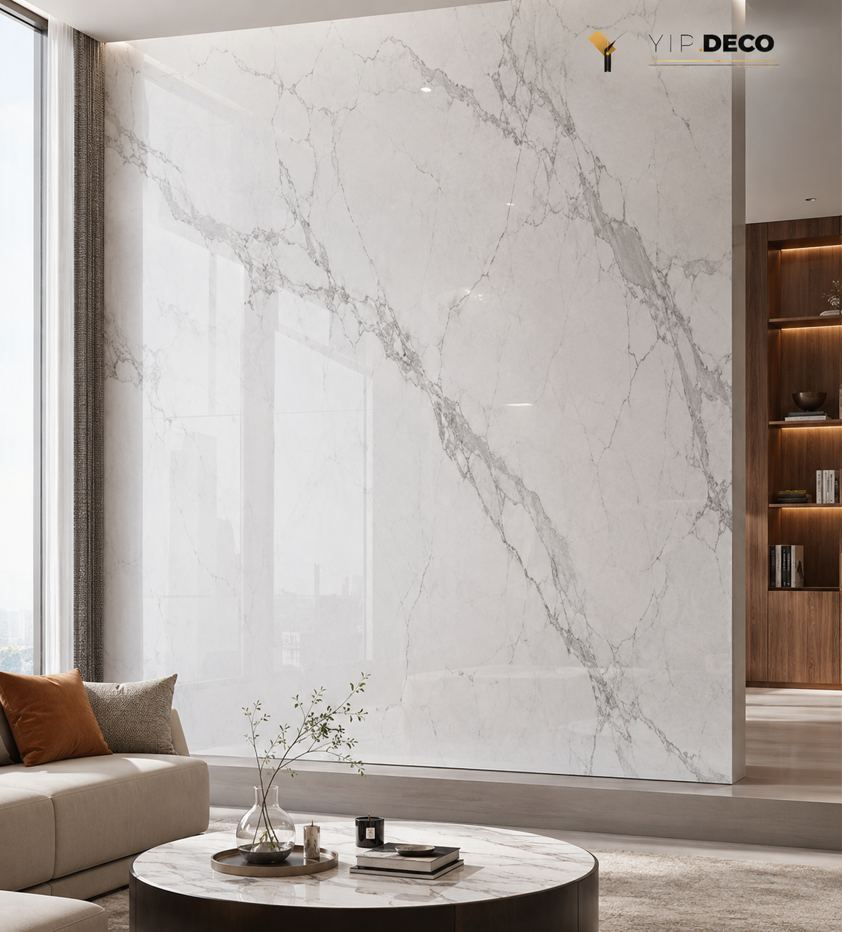 Marble-look carbon crystal wall panel installed as a full-height feature wall in a modern interior