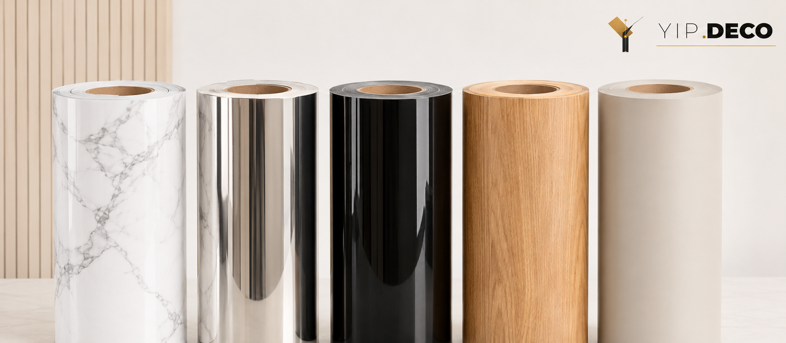 PVC and PET decorative surface foil samples in wood and stone finishes