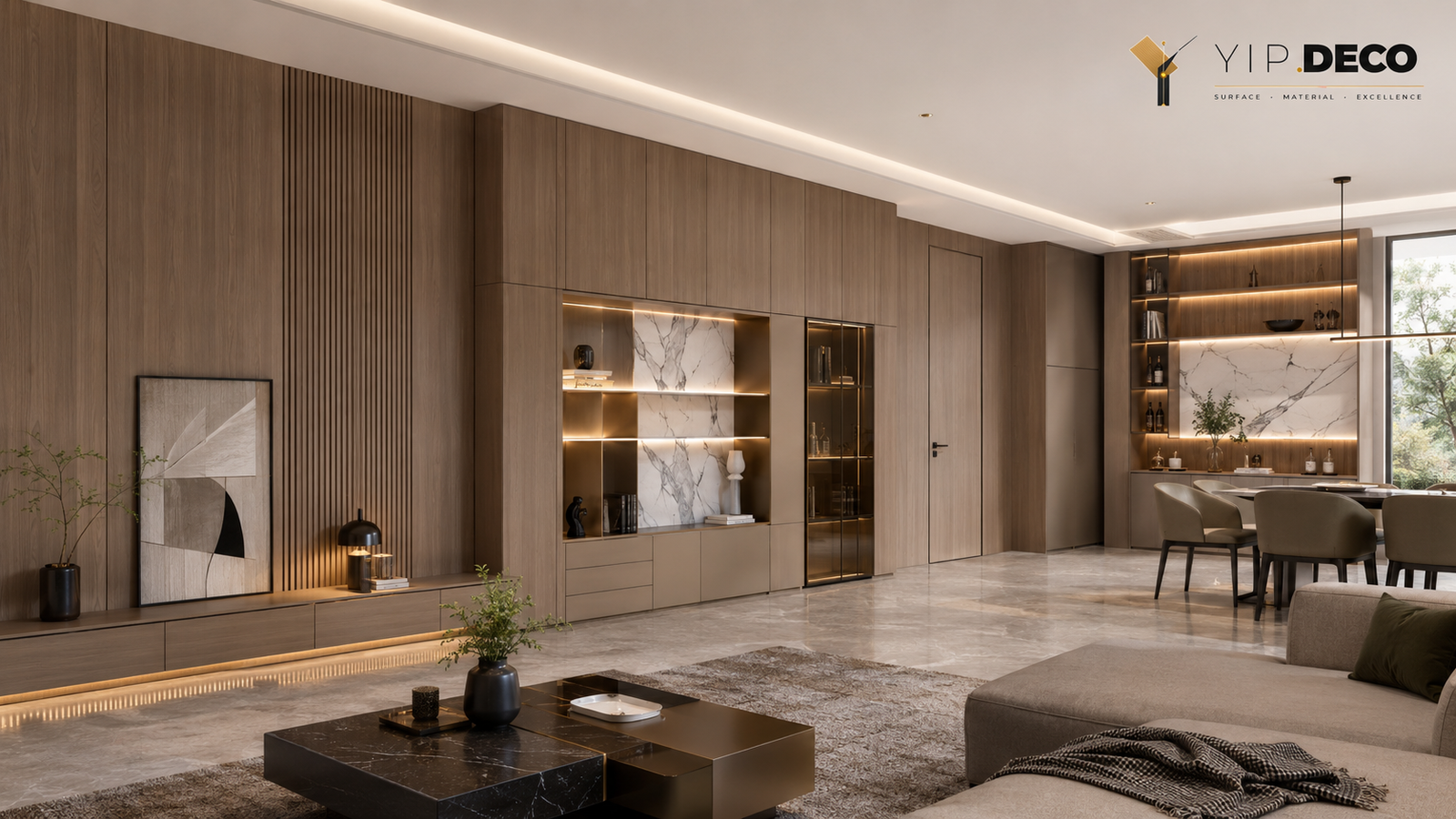 Decorative wall solution interior scene with matched wall surfaces