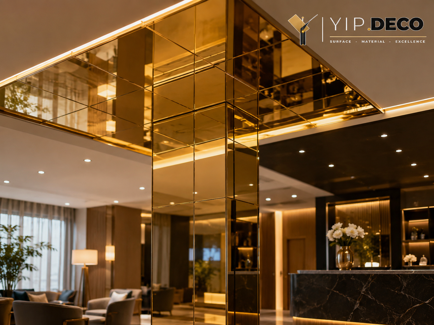 Mirrored ceiling and column finished in acrylic mirror panels