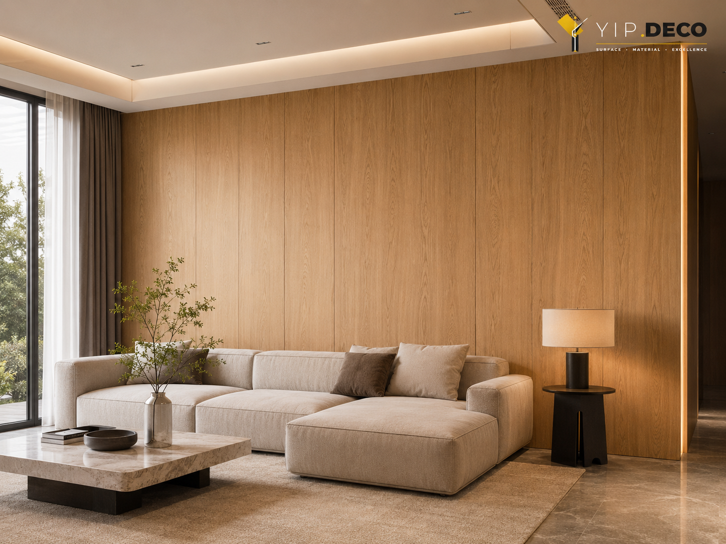 SPC wall panel as a feature wall in a living room with continuous-grain oak pattern spanning the full wall