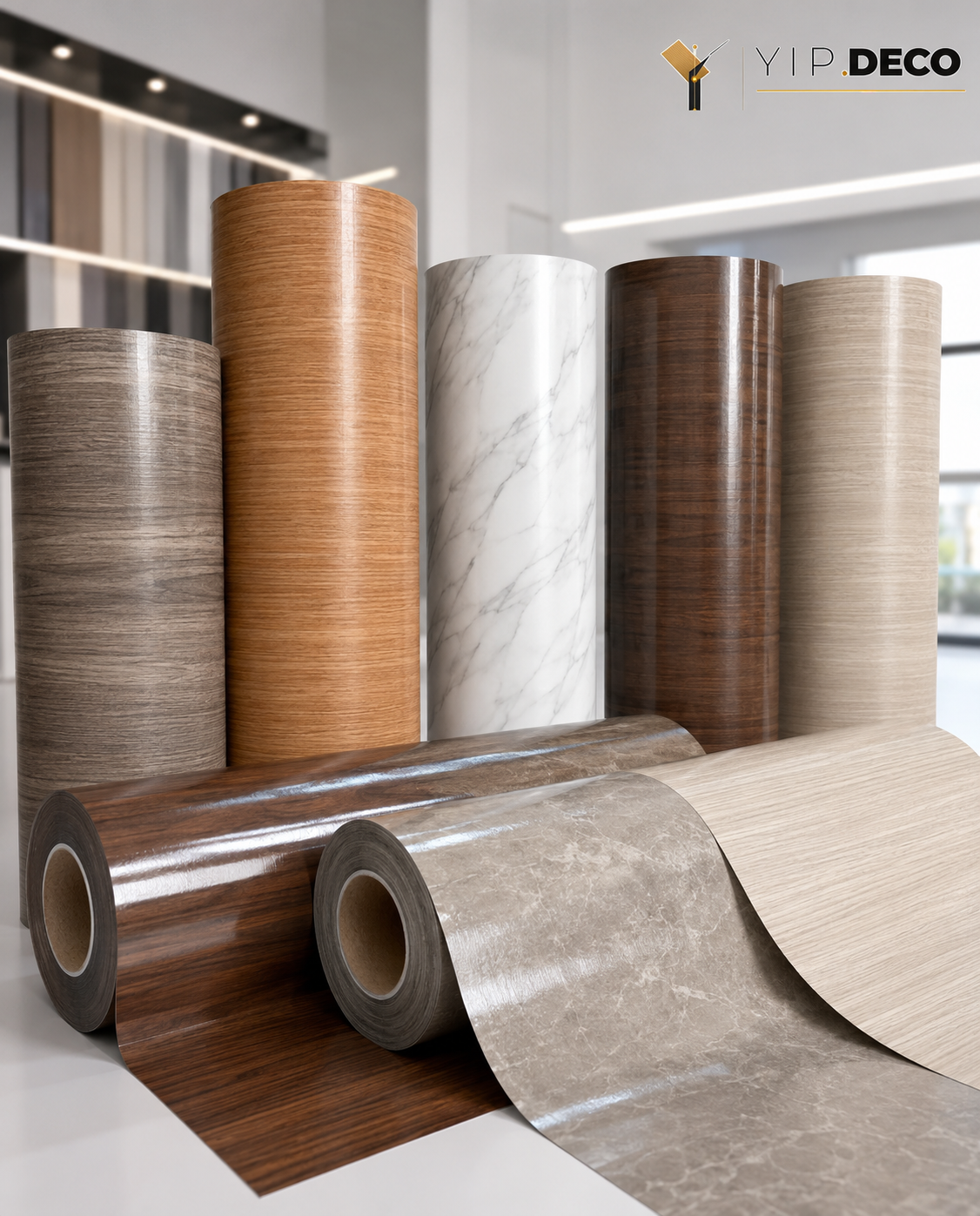 PVC and PET decorative foil rolls in wood grain and marble finishes, ready for wrapping and flat lamination