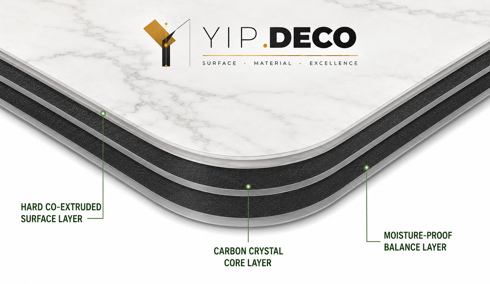 Carbon crystal board with marble veining surface close-up showing hard co-extruded layer