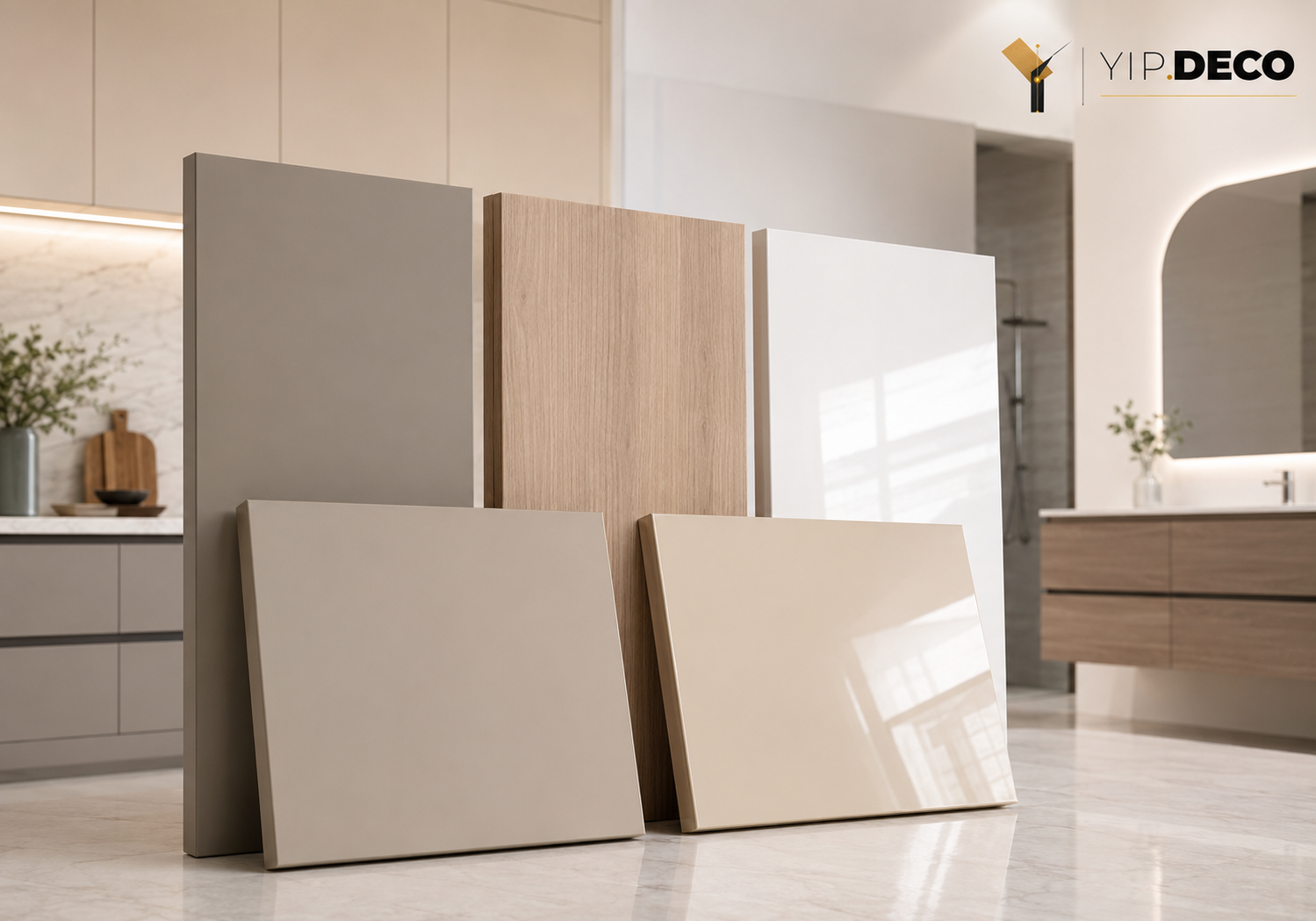 Stacked laminated cabinet panels with edge banding close-up