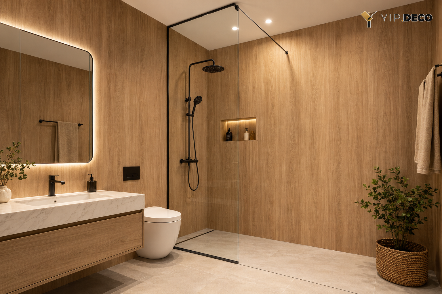 SPC wall panels installed in a modern residential bathroom with walk-in shower and continuous wood-grain finish