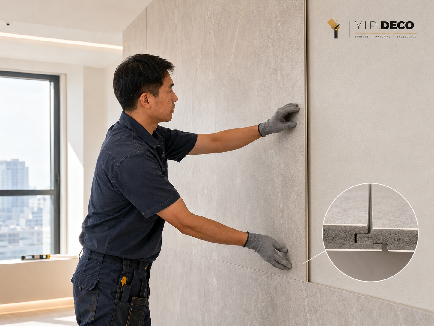 Installer fixing a carbon crystal wall panel directly onto a wall with adhesive