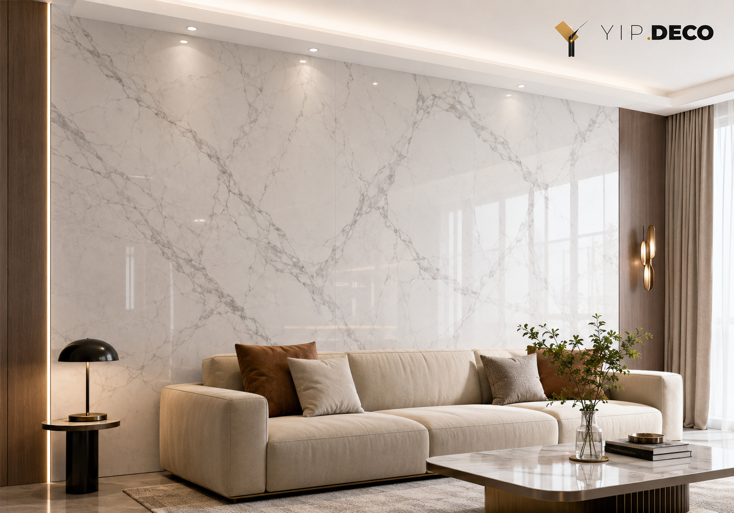 Carbon crystal marble-look panel installed as a full-height feature wall behind a sofa in a living room