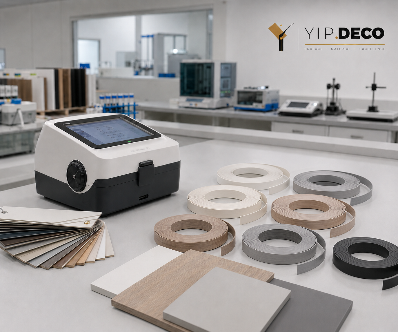Quality control laboratory at YipDeco with spectrophotometer and edge banding fold test samples