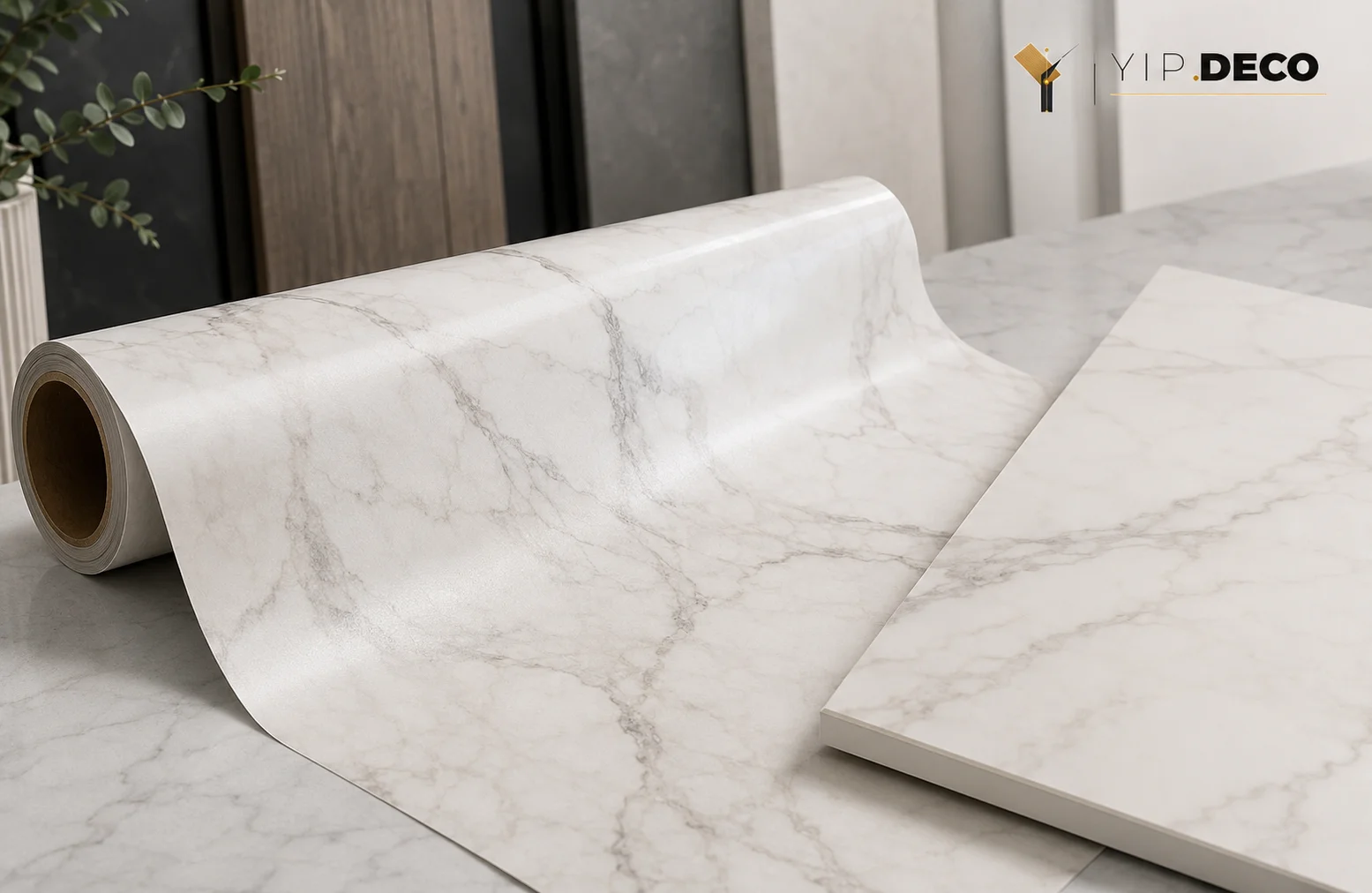 Marble PET foil with realistic stone veining for feature surfaces and doors