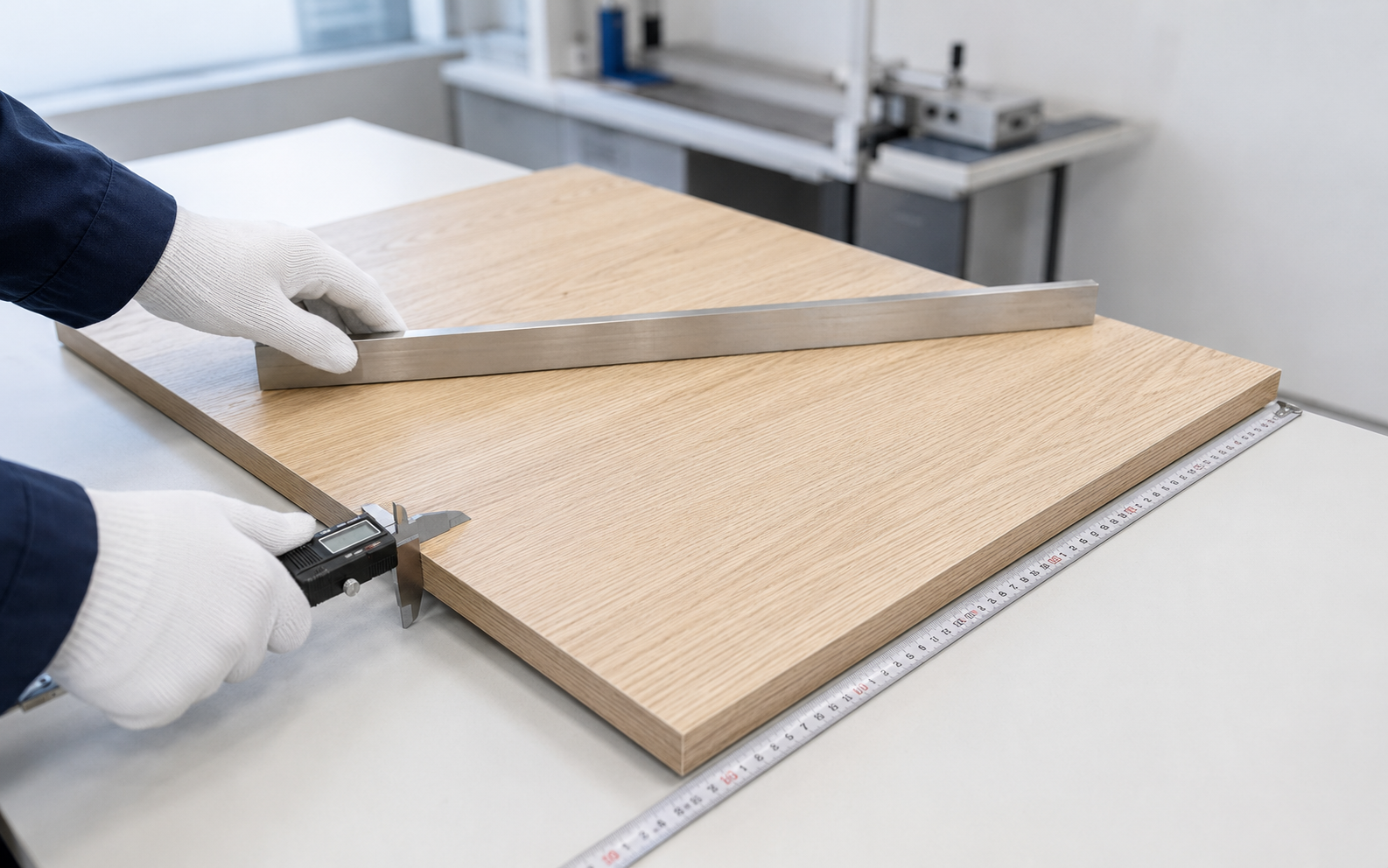 Panel dimension, thickness and flatness inspection with straightedge and gauge