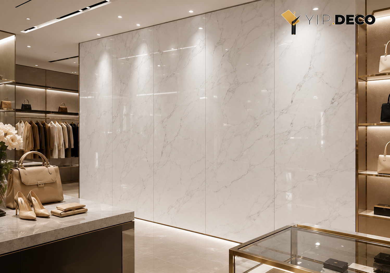 PVC flat panels in a retail store interior with high-gloss finish and clean modern lines