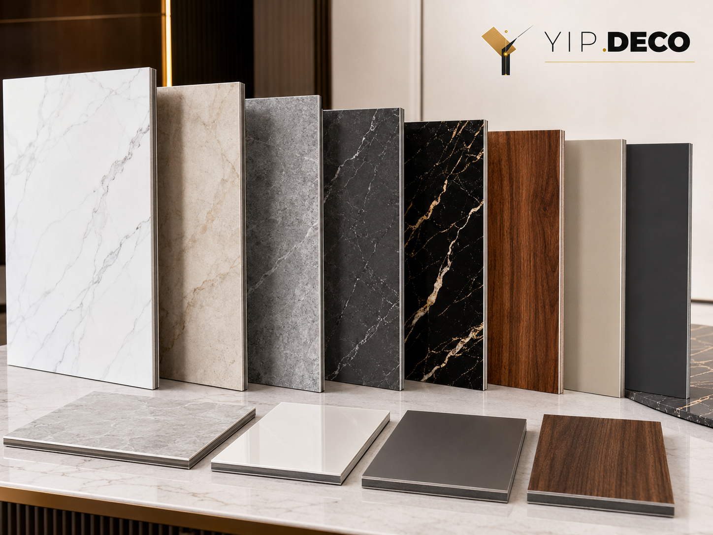 Range of carbon crystal panel colors and finishes shown as physical samples