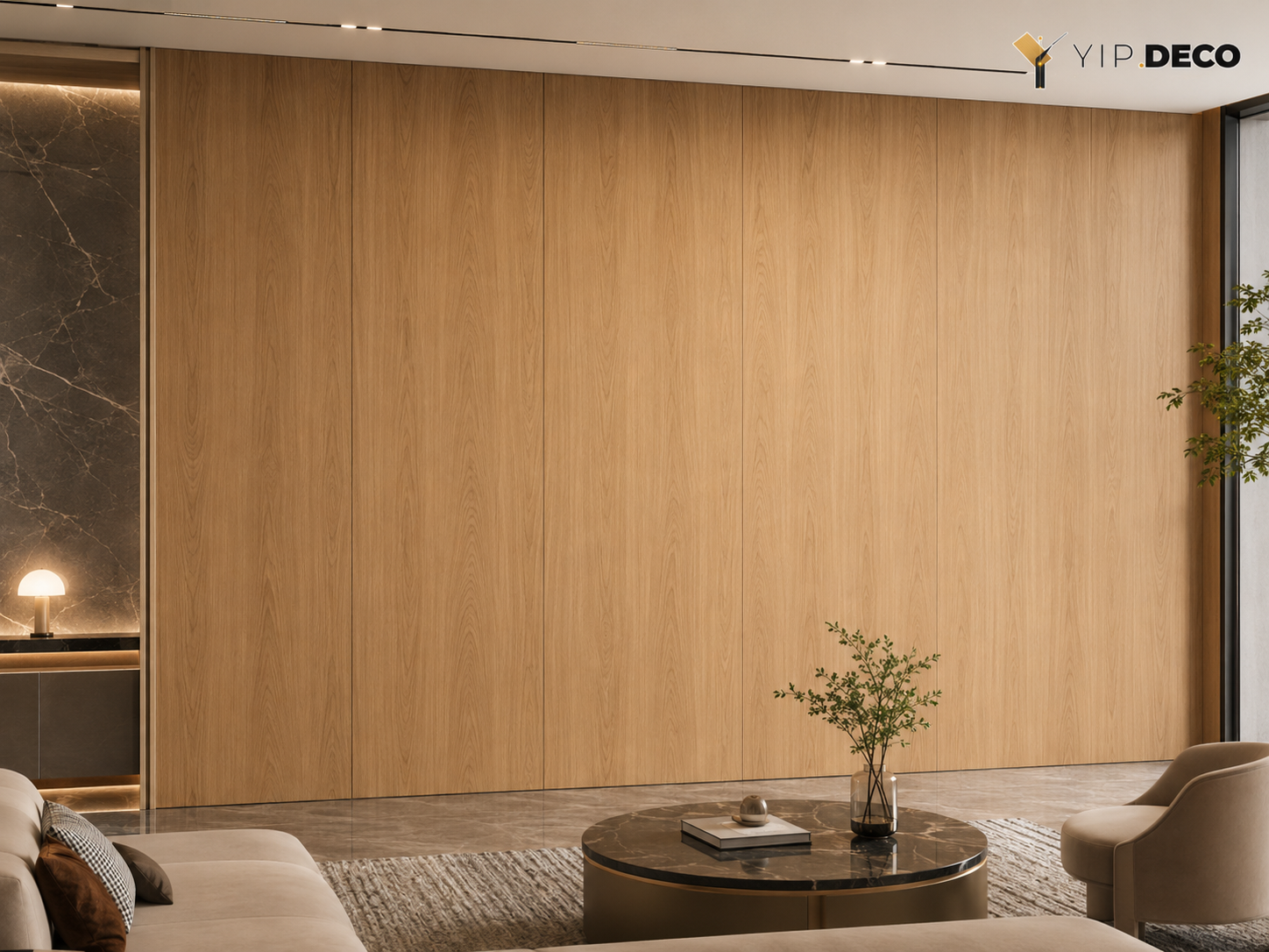 Continuous-grain SPC wall panels forming a large seamless feature wall