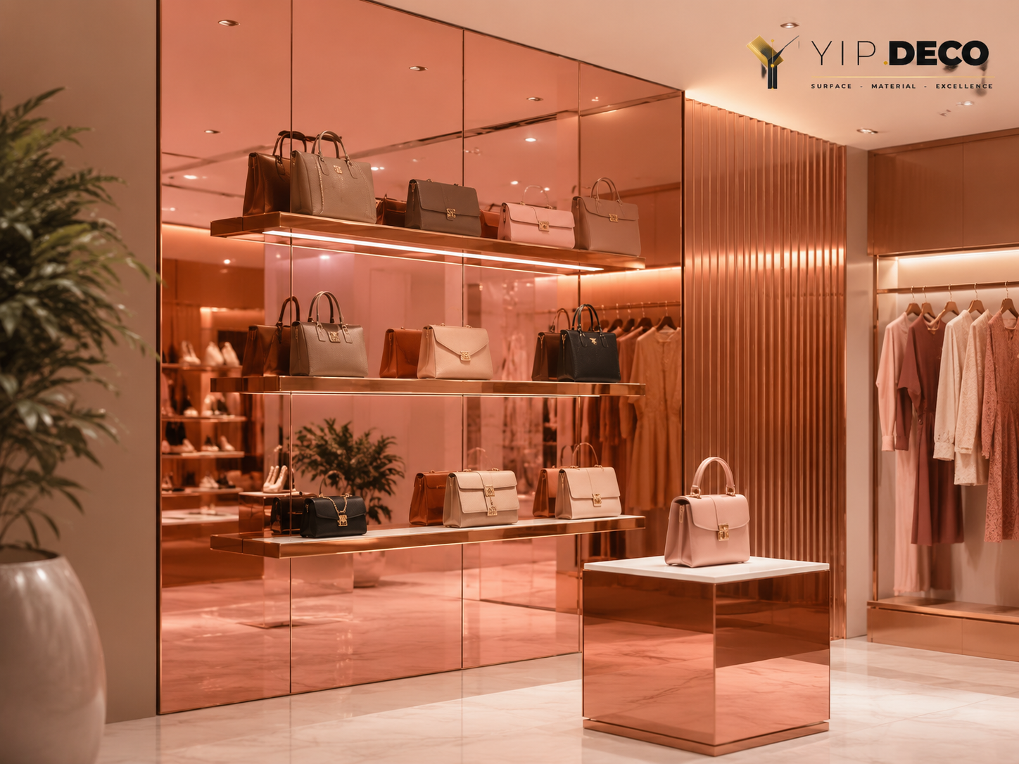 Rose acrylic mirror panel in a retail display environment