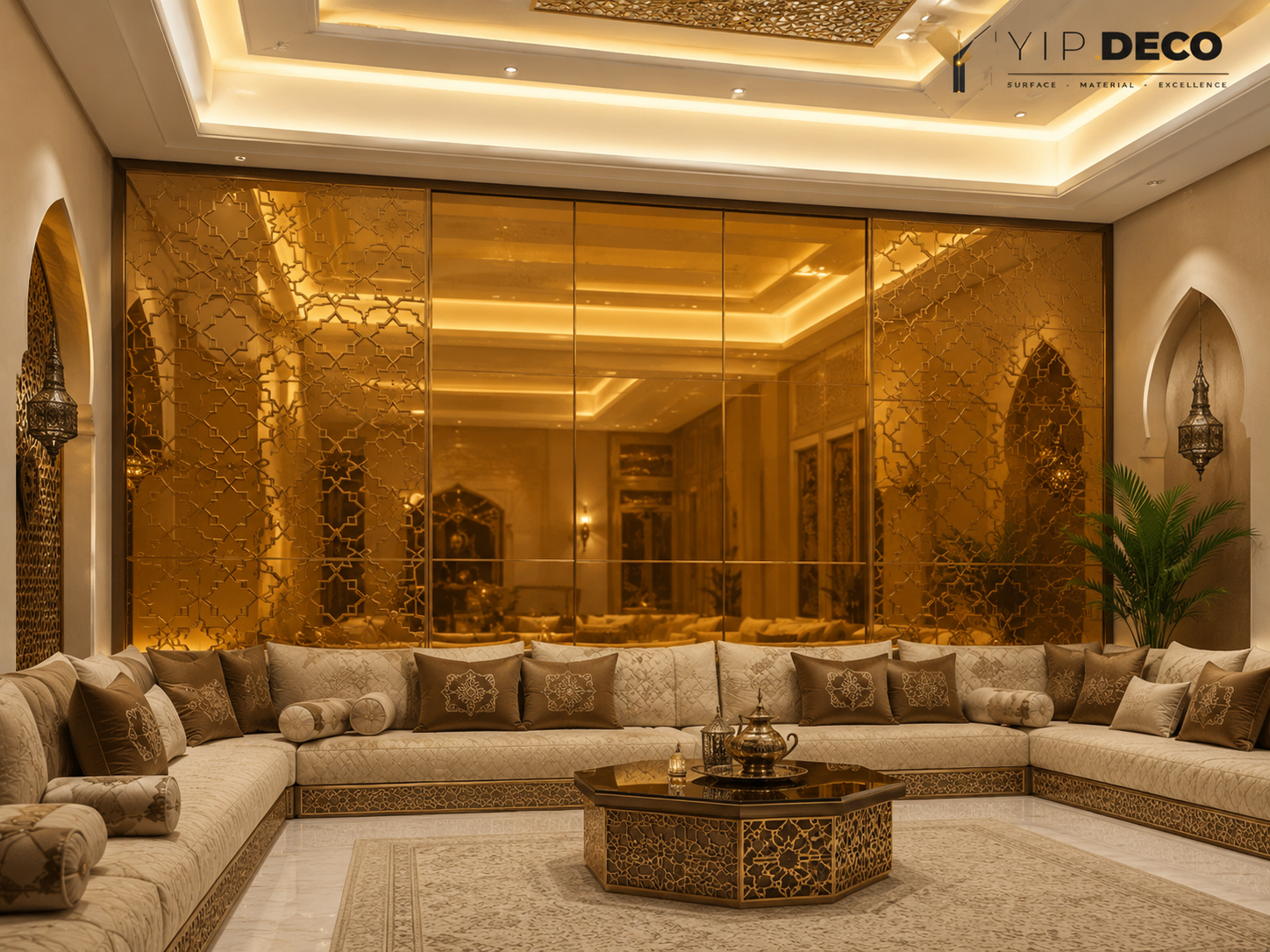 Champagne acrylic mirror wall in a hotel lobby