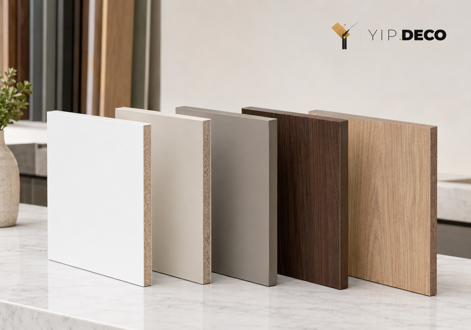 Board substrate samples including PET-laminated MDF, SPC and hollow-core panels