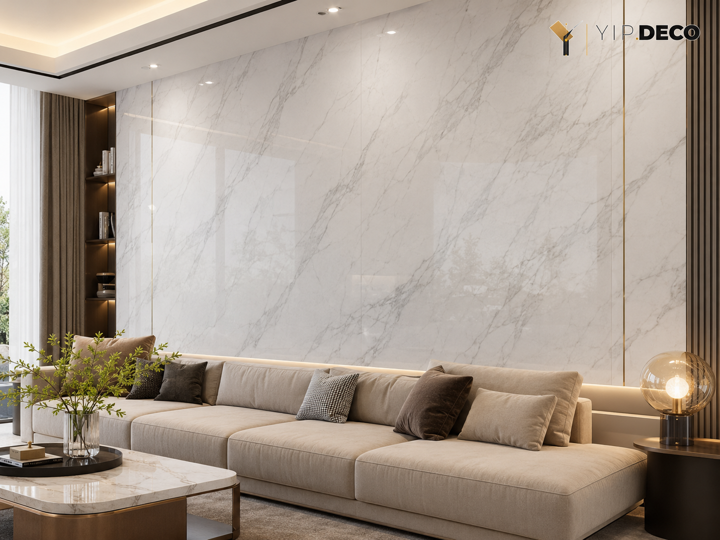 Marble-look carbon crystal feature wall in a modern living room interior