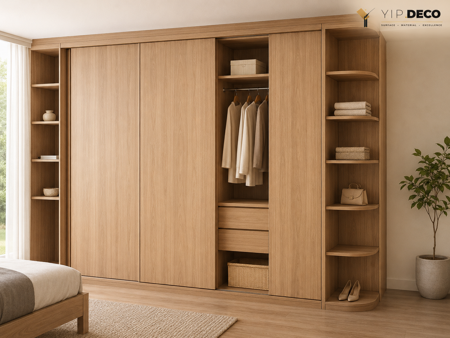 Wardrobe panel surfaces with wood grain finish