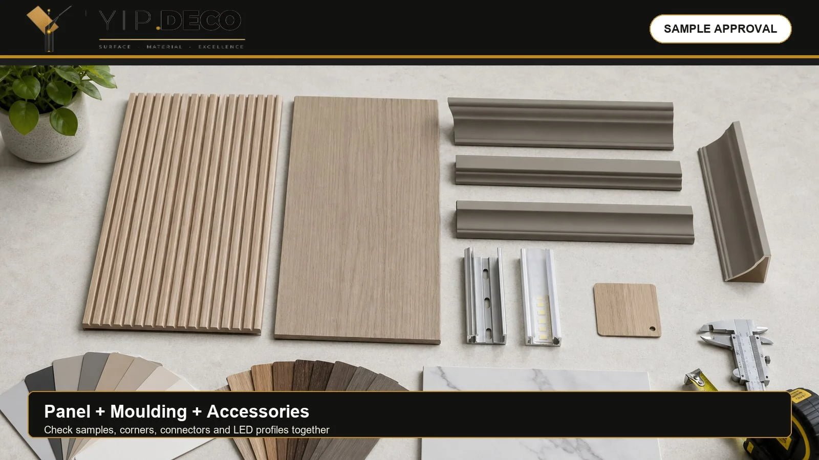 Branded wall system checklist visual showing fluted panels, mouldings, connectors, corner fittings and LED profiles