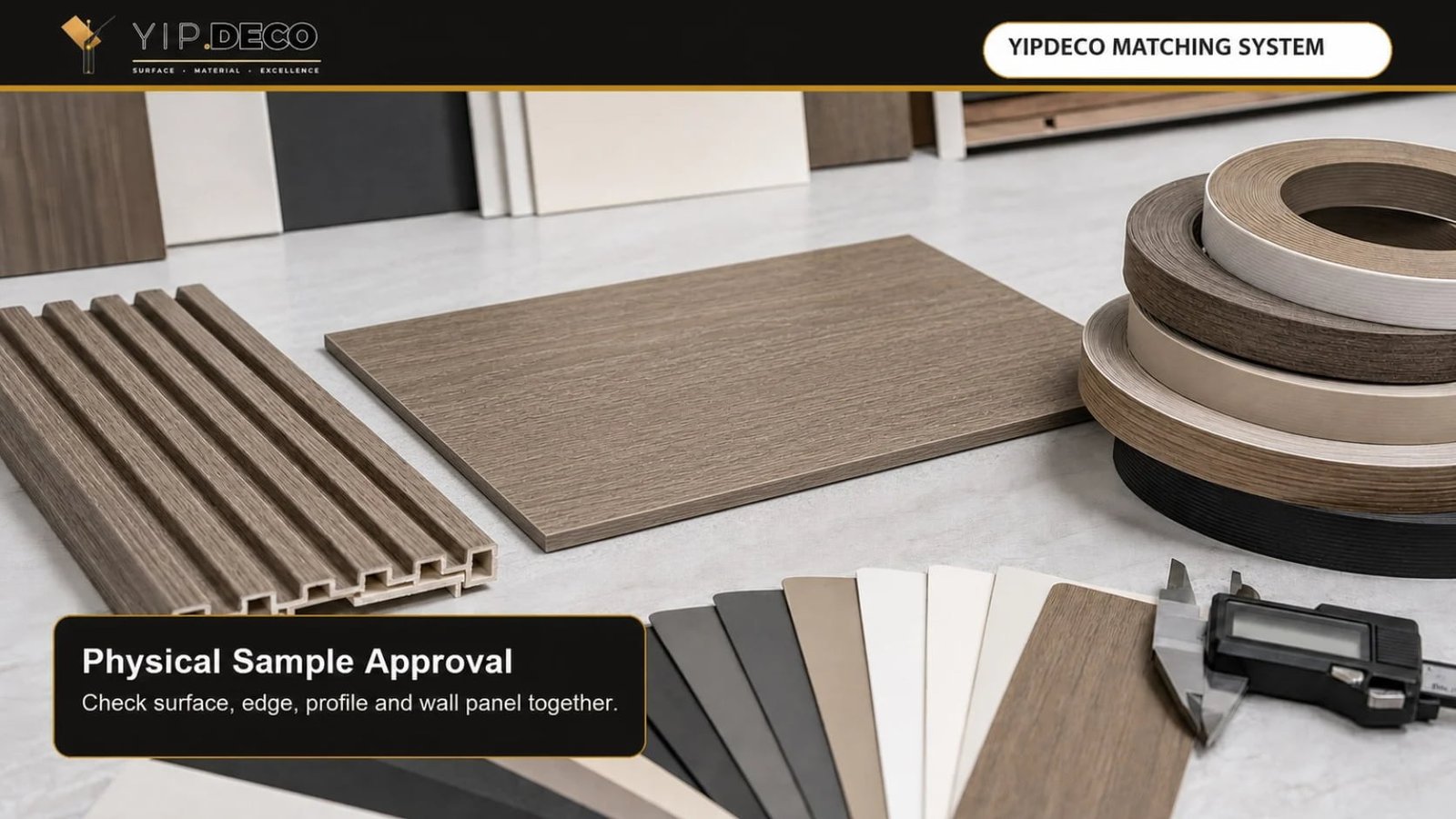YipDeco physical sample approval for cabinet surface edge banding and wall panel matching