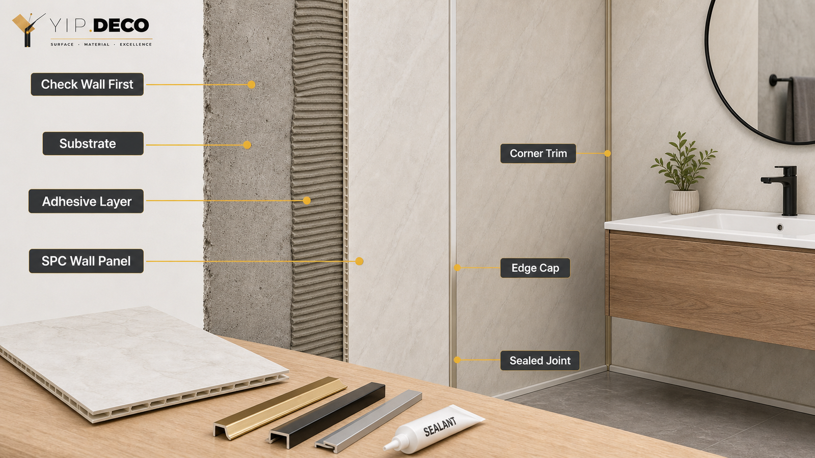 Bathroom wall panel installation layers with substrate, adhesive, SPC wall panel, trims and sealed joints