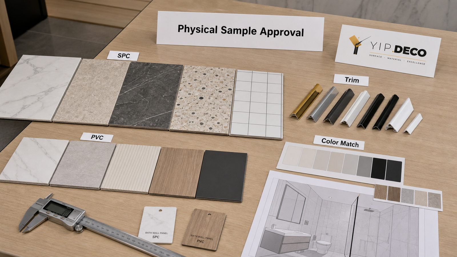 Physical sample approval table with SPC wall panels, PVC wall panels, trims and color matching cards