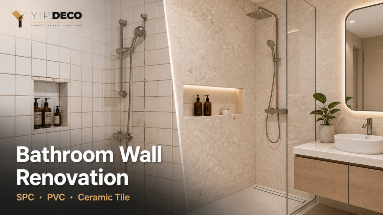 YipDeco bathroom wall renovation comparison with SPC wall panels, PVC panels and ceramic tile