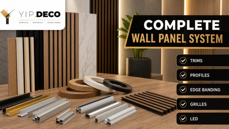 YipDeco complete wall panel system accessories with panels trims profiles edge banding grilles and LED profile samples
