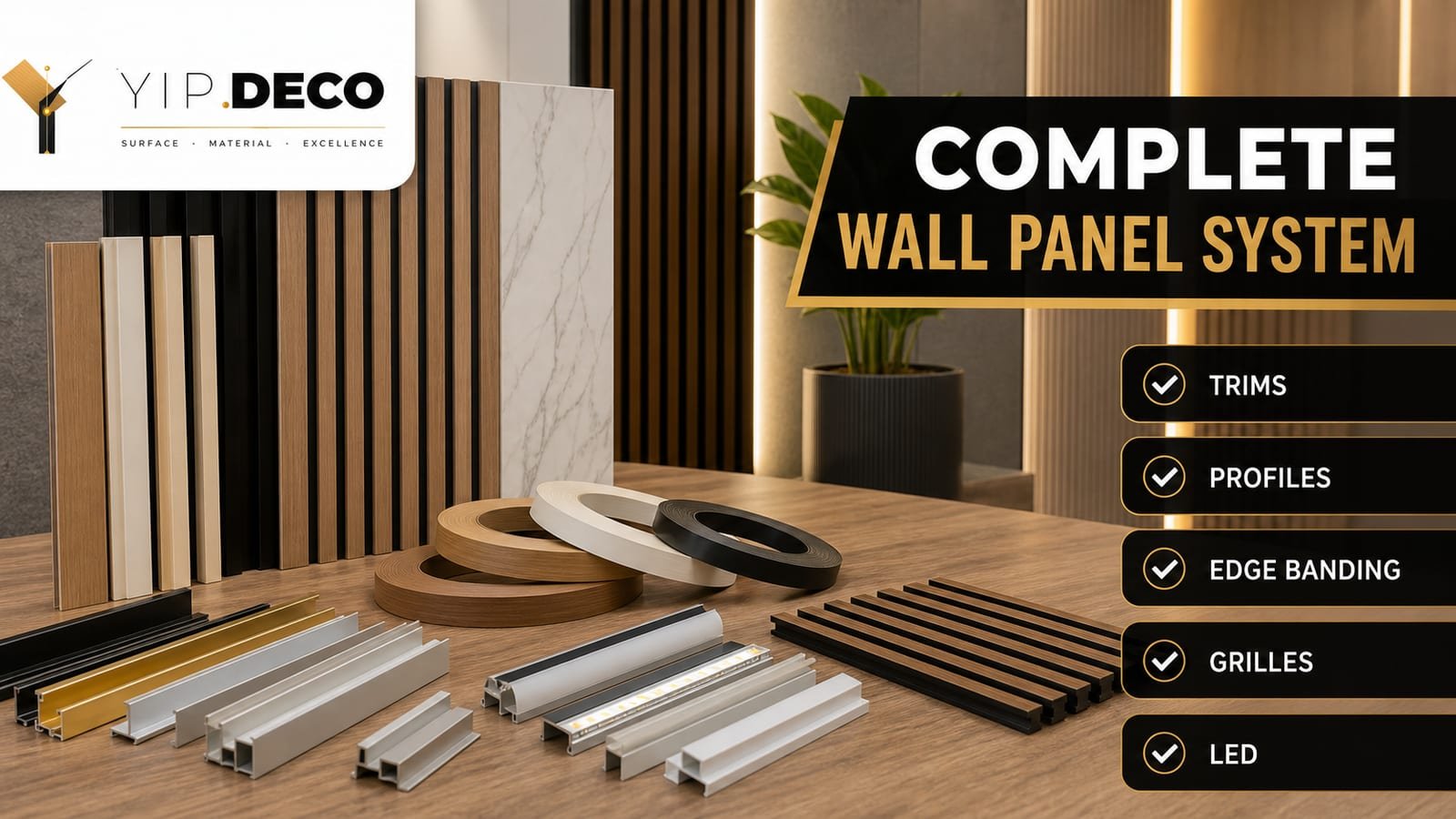 Complete wall panel system accessories with panels, trims, edge banding and grilles