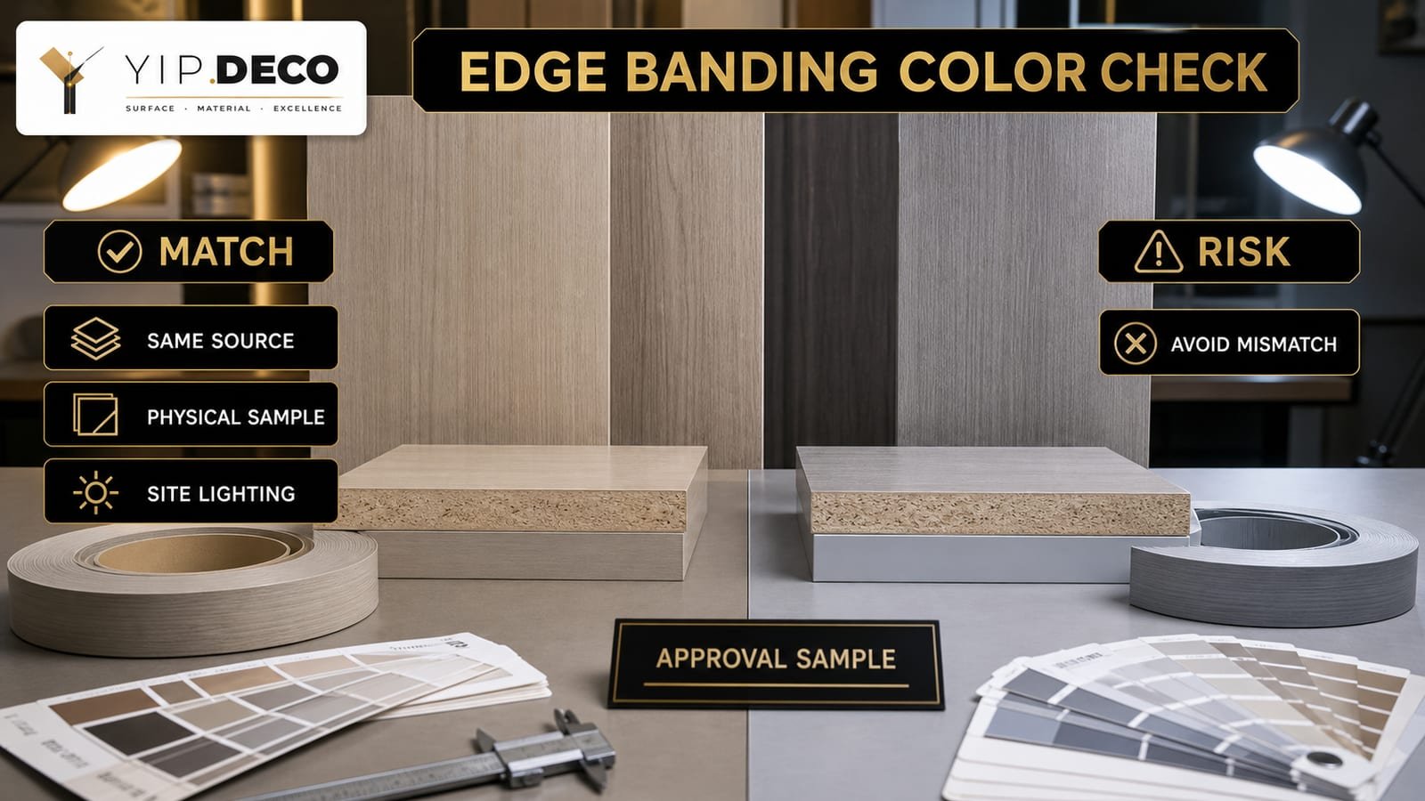 Edge banding color match sample approval for wall panels and cabinet edges