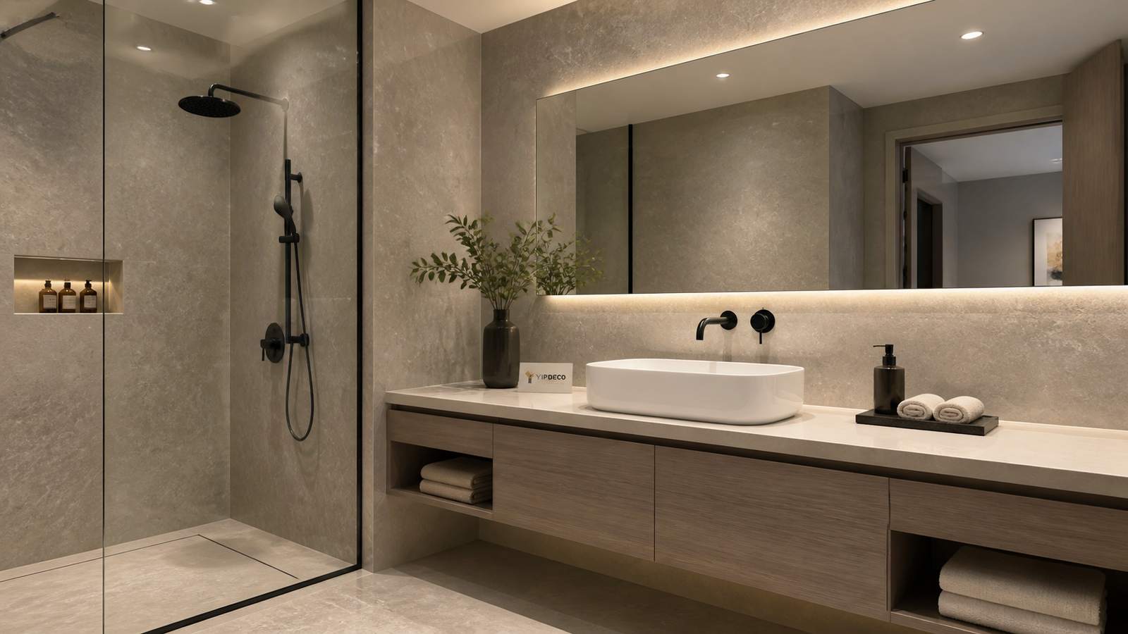 Finished bathroom renovation with large SPC stone wall panels and clean trim details