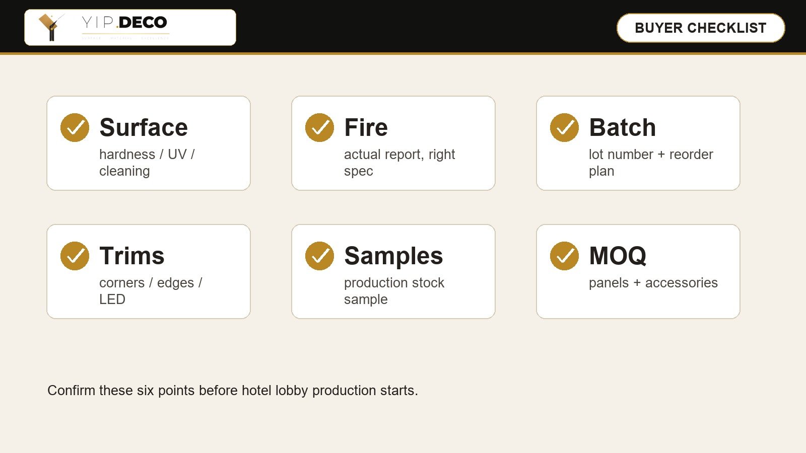 Buyer checklist for hotel lobby SPC wall panels including surface, fire, batch and trim checks