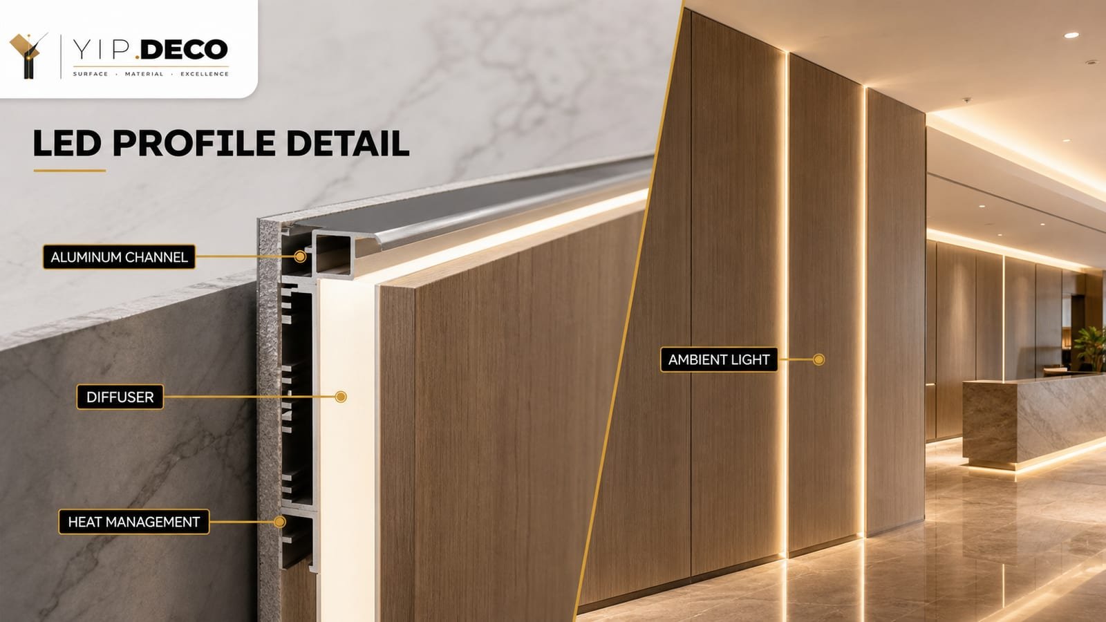 LED profile integrated into wall panel system with aluminum channel and ambient light