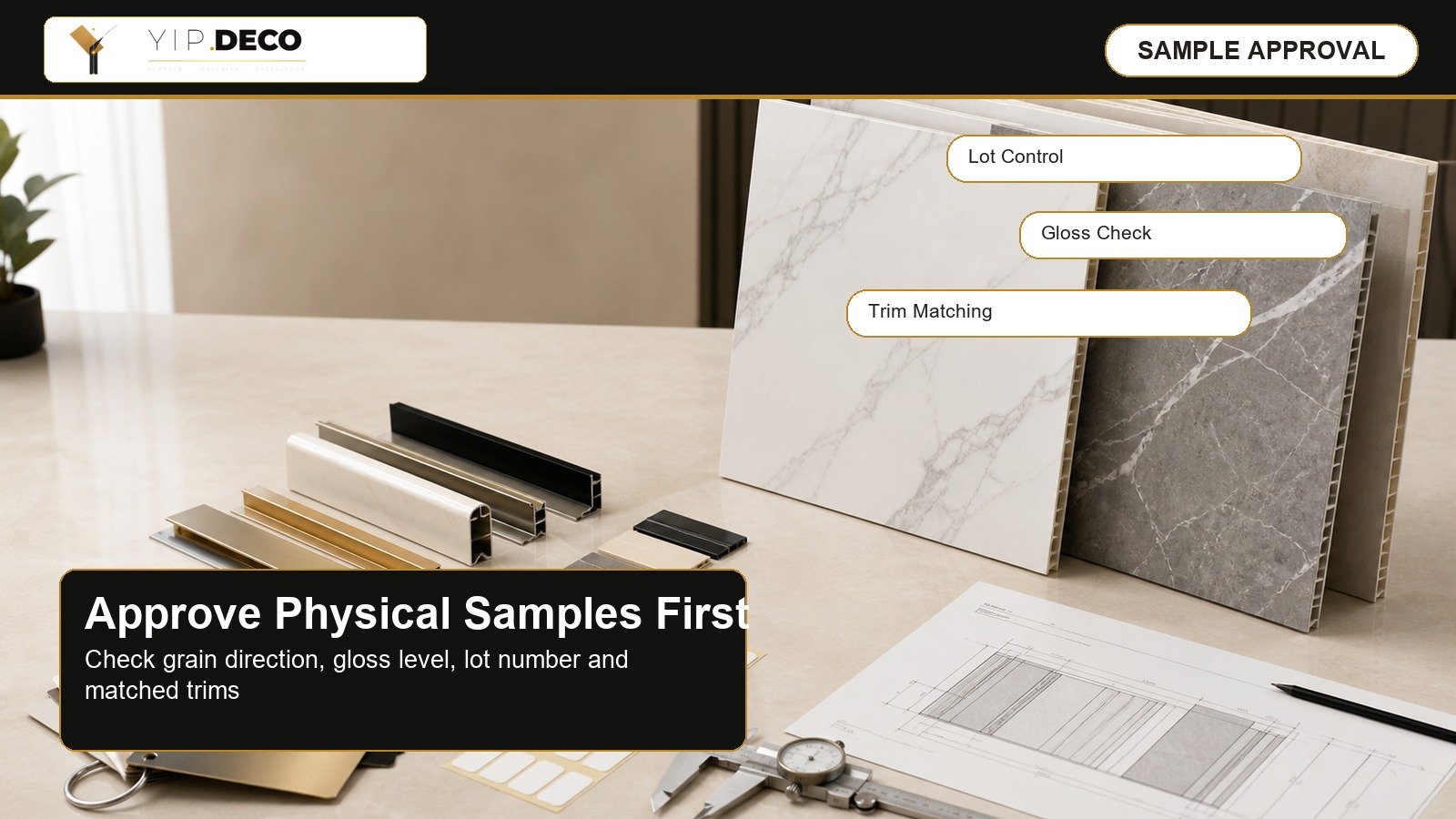 Marble-grain SPC wall panel sample approval with lot number, gloss, trim and color consistency checks