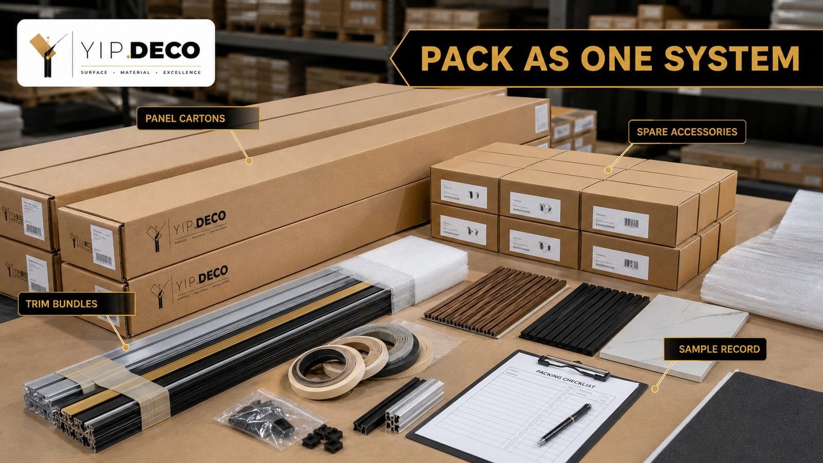Wall panel accessories packed as one system with panel cartons trim bundles spare accessories and sample record