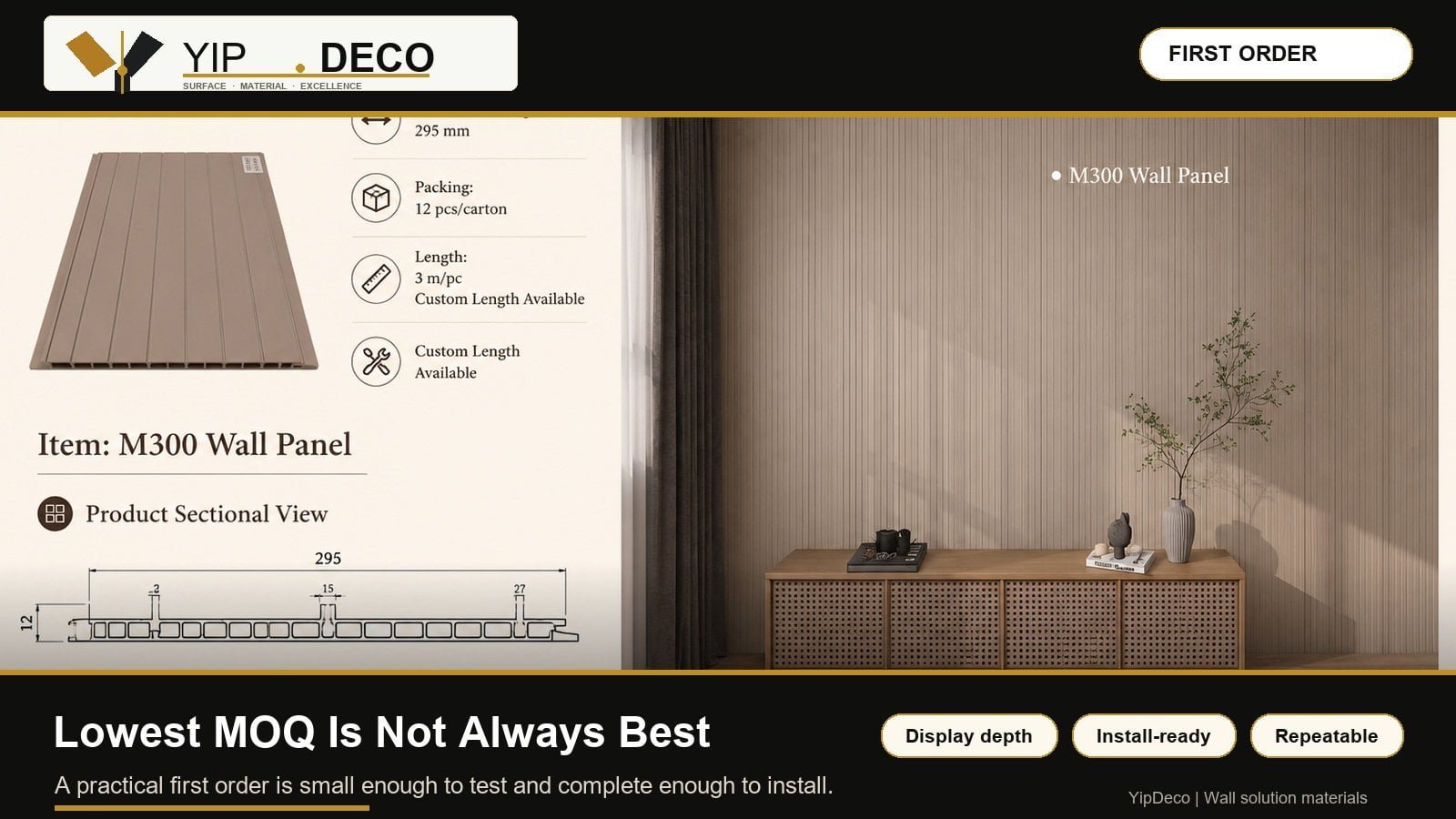 YipDeco practical first order MOQ shown with real wall panel application scene
