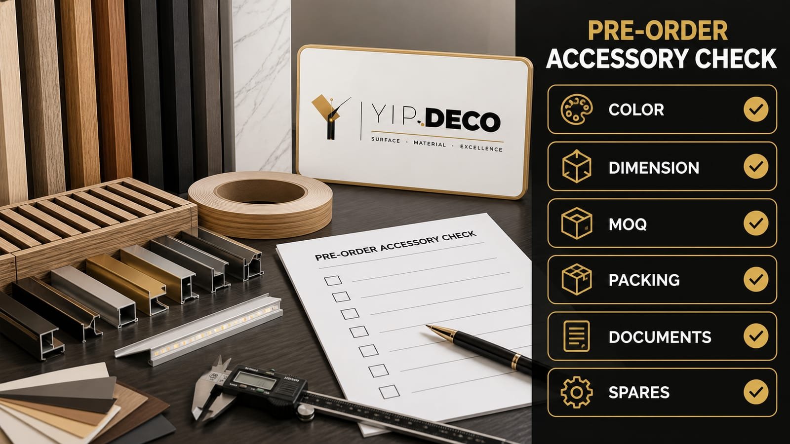 Pre-order accessory checklist for wall panel color dimension MOQ packing documents and spares
