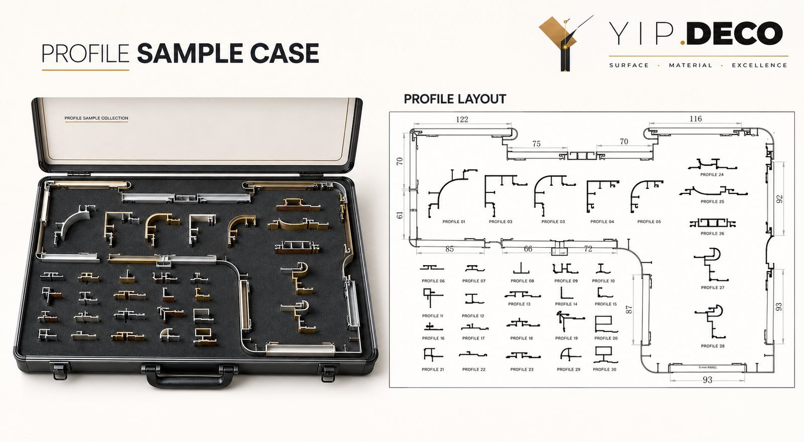 YipDeco profile sample case with profile layout for wall panel accessory selection