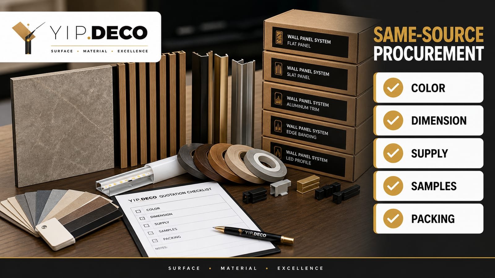 Same-source wall panel color library with trims, edge banding, grilles and sample checks