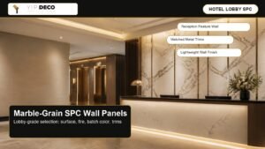 Marble-grain SPC wall panels installed in a hotel lobby feature wall with coordinated trims