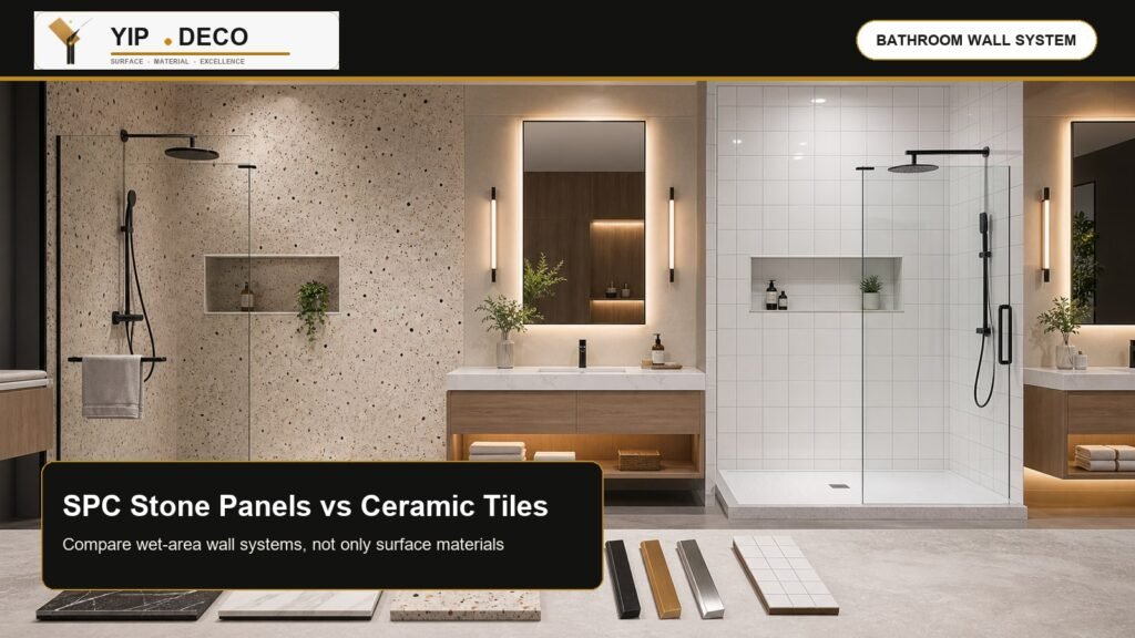 YipDeco SPC stone wall panels versus ceramic tiles bathroom wet area comparison
