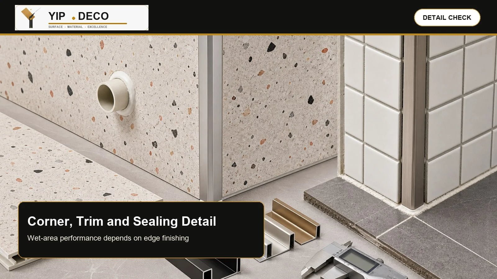 SPC wall panel corner trim and sealing detail compared with ceramic tile edge