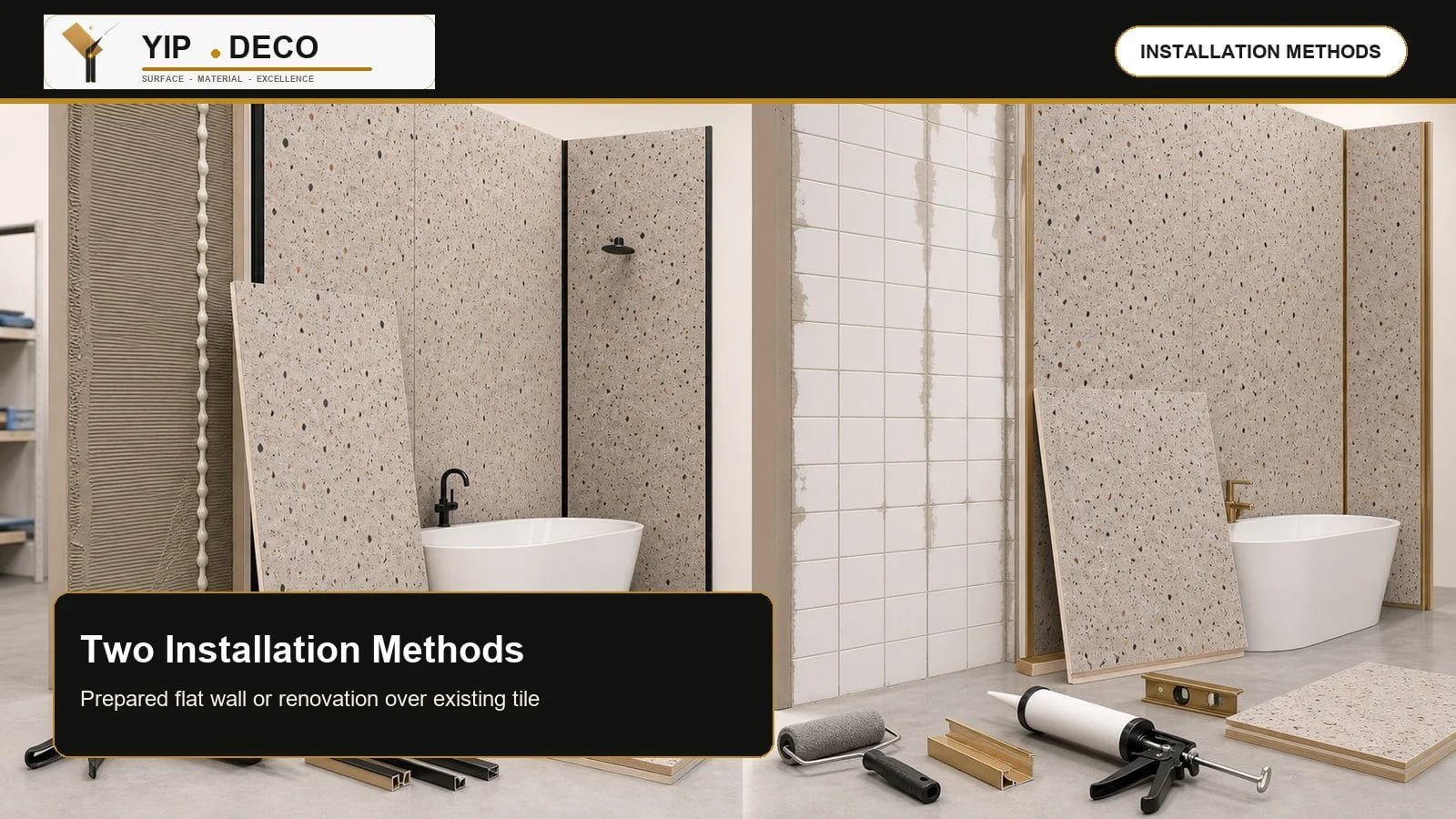 SPC wall panel installation methods for flat wall and old tile renovation