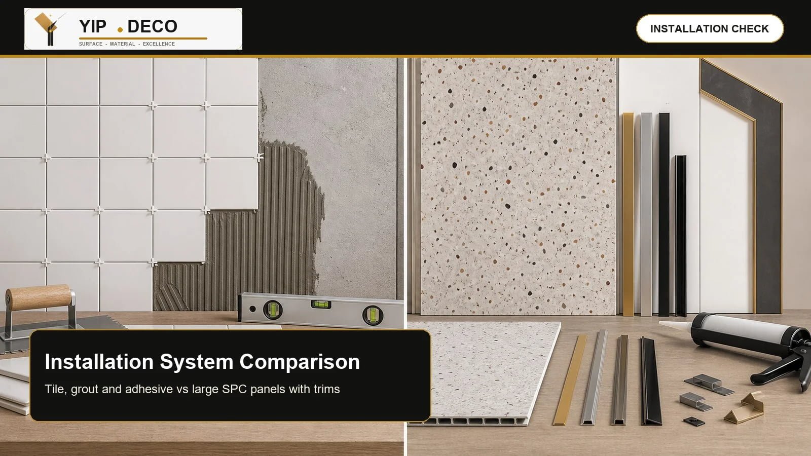 SPC wall panel and ceramic tile installation system comparison