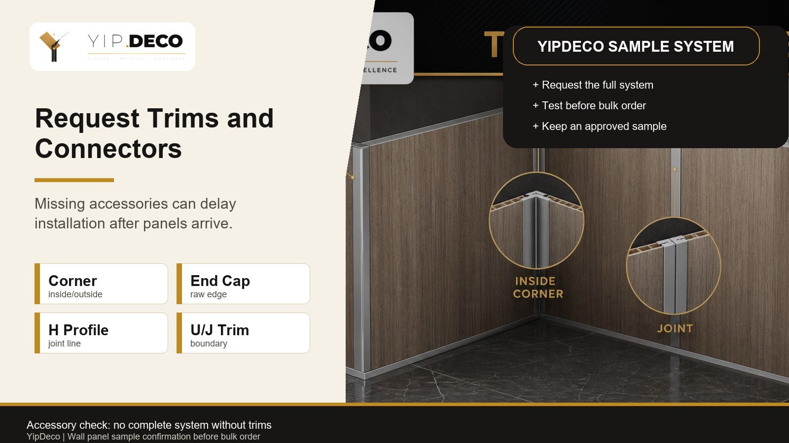 Wall panel trims and connectors requested as part of a sample kit