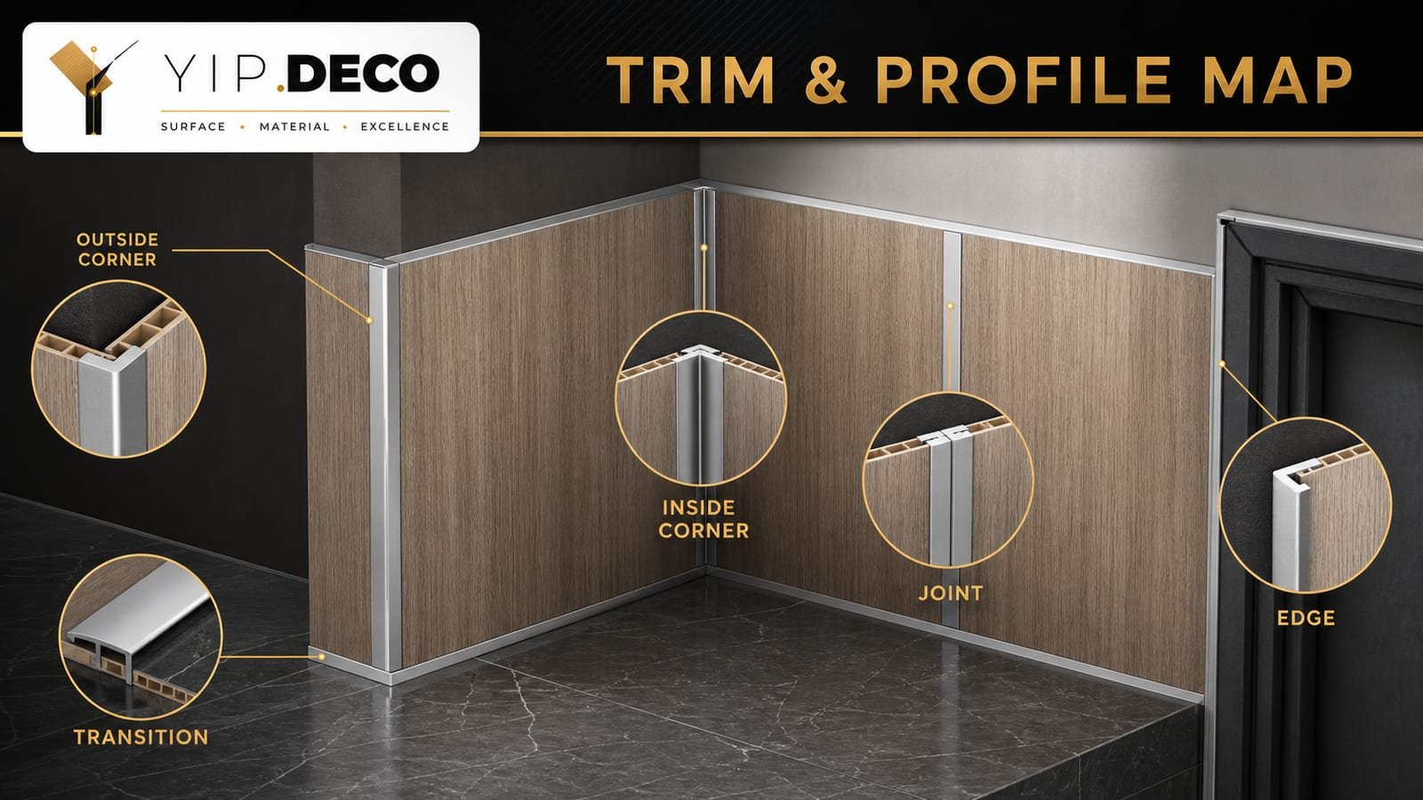 Wall panel trims and corner profiles map for installation details