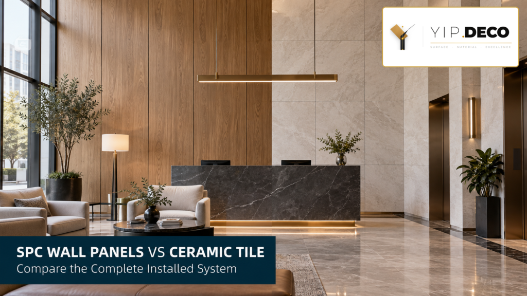 Commercial lobby comparing wood-look SPC wall panels with ceramic tile walls