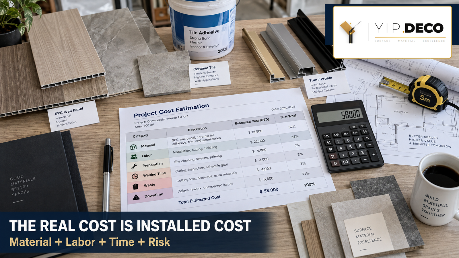 Estimator worksheet comparing installed costs of SPC wall panels and ceramic tile