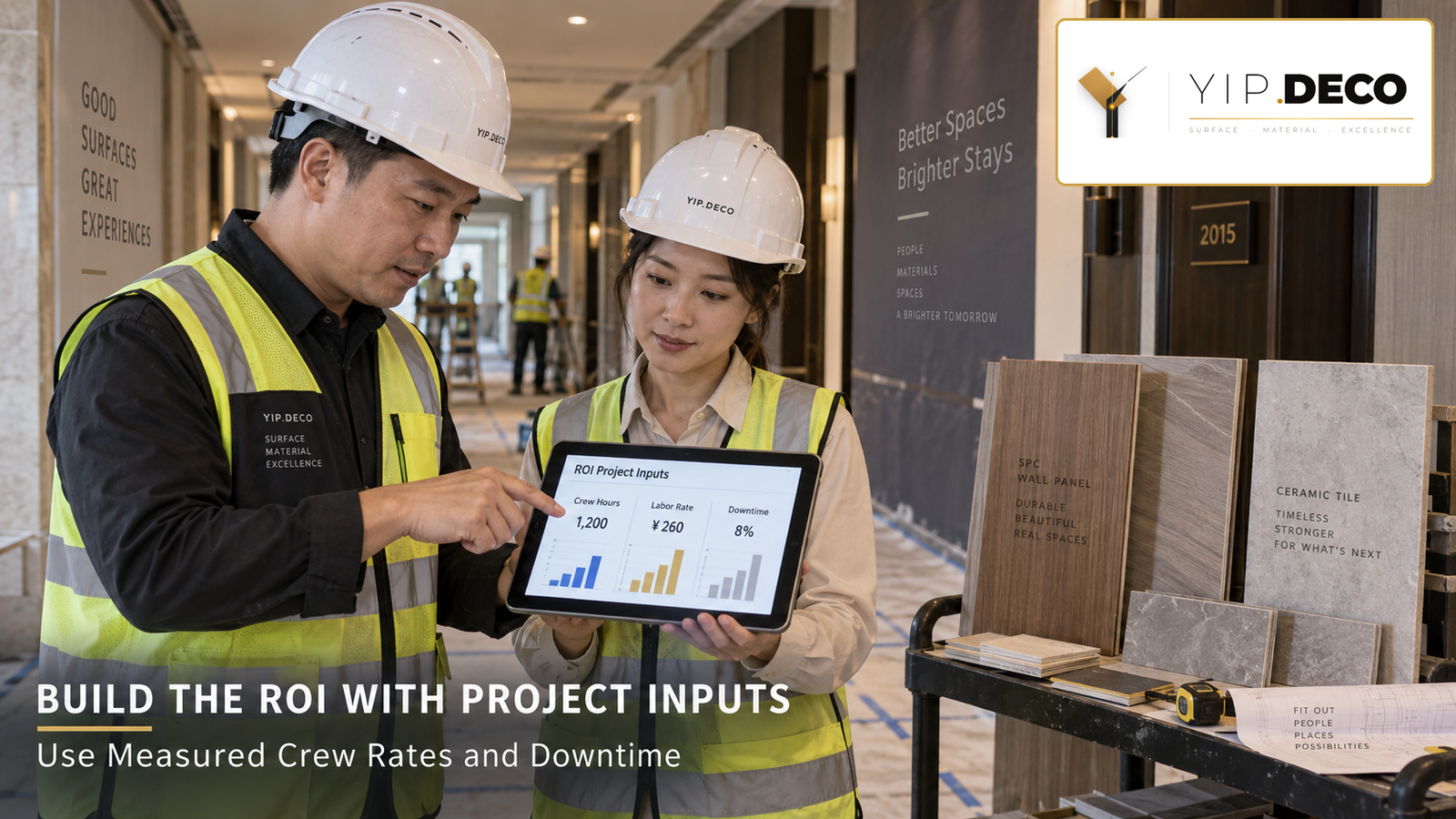 Chinese project manager and estimator reviewing wall finish ROI inputs